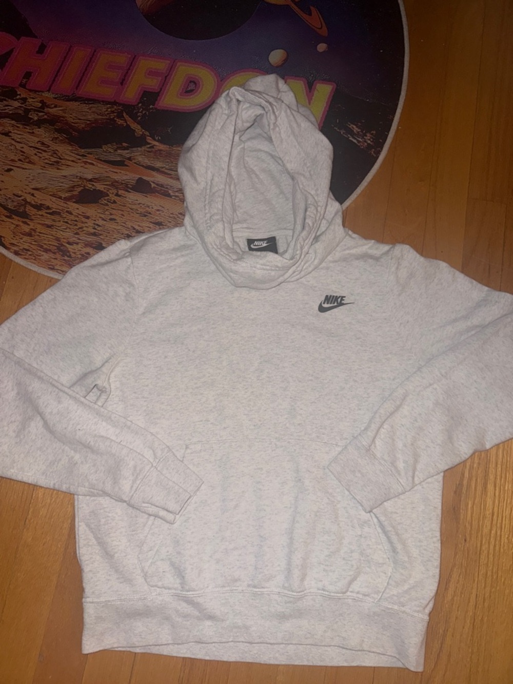 Nike Men's Heather Light Gray Hoodie with Small Black Swoosh